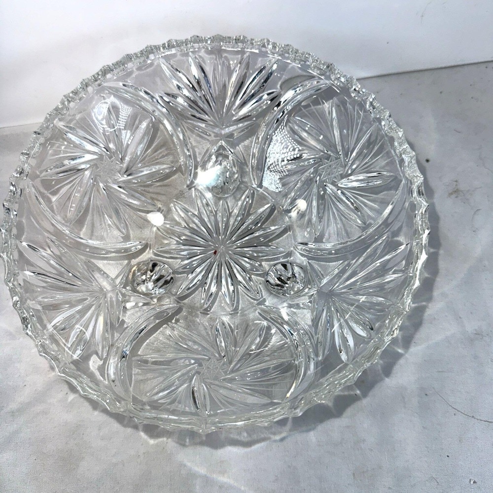 Cut Crystal Glass Round 3-Footed Bowl Hobstar Pinwheel Star Excellent Vintage